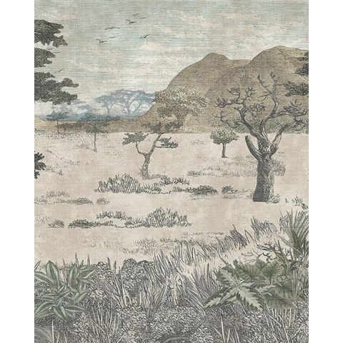 SERENGETI SAVANNAH
ARTICLE NUMBER: 1195
Depicting the natural savannah landscape of Tanzania’s Serengeti, the wallpaper is expertly coloured in a soft antique palette of blue, green, beige and brown to create a vintage feel in rooms. Inspired by the pai